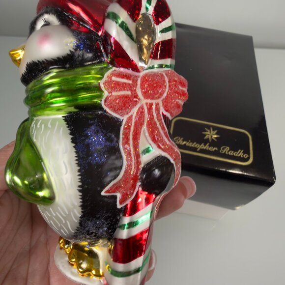 Christopher Radko Peppermint Penny Penguin Candy Cane Glass Christmas Ornament - Picture 10 of 12